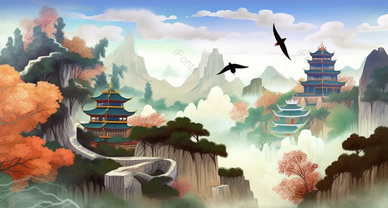 坐落山间阁楼建筑亭子小路中国风国潮风插画,插画/手绘图,插画/手绘图库,插画/手绘图下载,插画/手绘